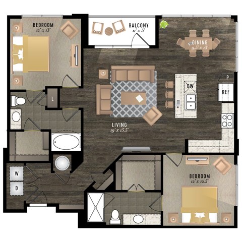 Floor plan for 2 beds, 2 baths, 1296 sqft